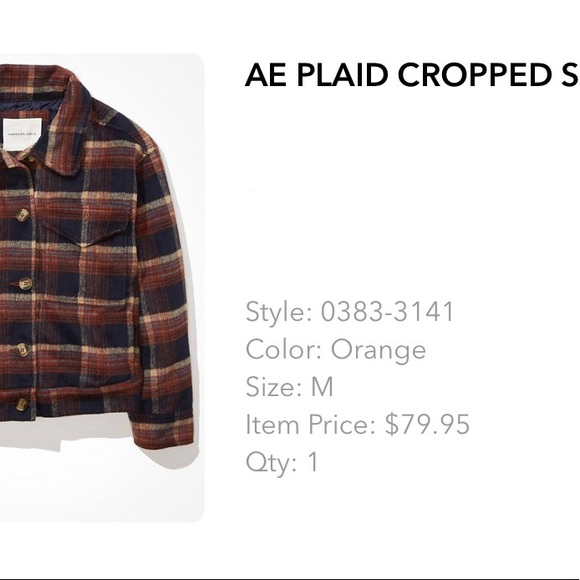 **SOLD**AE Plaide Cropped Shacket Size M; Rust/Navy Blue - Picture 3 of 13